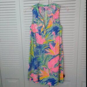 LILLY PULITZER XS ESSIE DRESS TROPICAL RUCHED NECK V-NECK BUTTONS SLEEVELSS TANK
